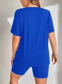 SHEIN EZwear 大碼字母圖案T恤和機車短褲 - 藍色 - 查看 2