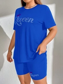 SHEIN EZwear 大碼字母圖案T恤和機車短褲 - 藍色 - 查看 3