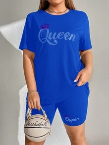 SHEIN EZwear 大碼字母圖案T恤和機車短褲 - 藍色 - 查看 4