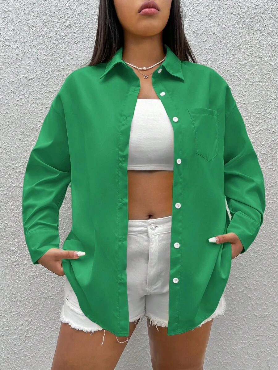 SHEIN EZwear Plus Solid Button Front Pocket Patched Shirt - Green - View 1