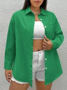 SHEIN EZwear Plus Solid Button Front Pocket Patched Shirt - Green - View 3