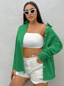 SHEIN EZwear Plus Solid Button Front Pocket Patched Shirt - Green - View 5