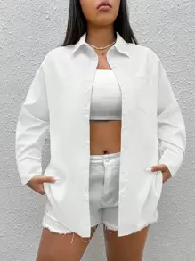 SHEIN EZwear Plus Solid Drop Shoulder Pocket Patched Shirt - White - View 1
