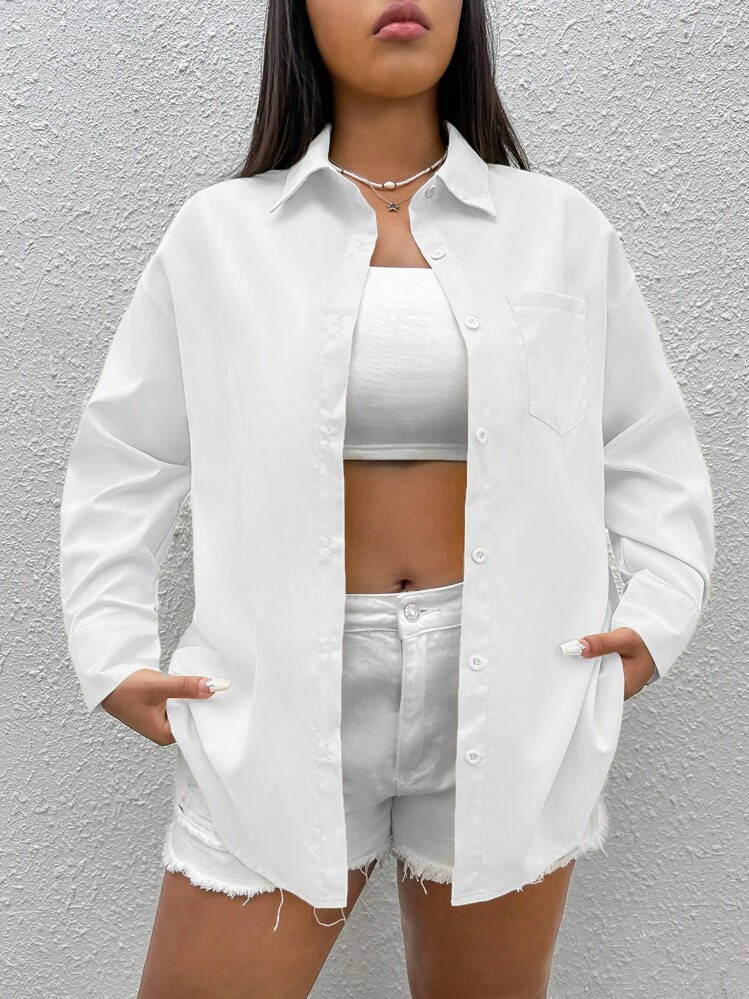 SHEIN EZwear Plus Solid Drop Shoulder Pocket Patched Shirt - White - View 1