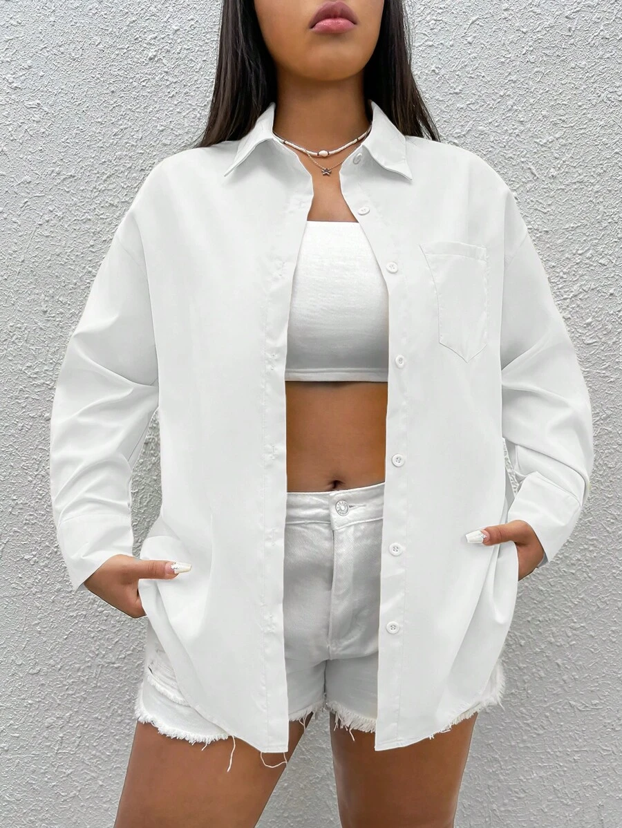 SHEIN EZwear Plus Solid Drop Shoulder Pocket Patched Shirt - White - View 1