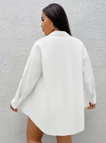 SHEIN EZwear Plus Solid Drop Shoulder Pocket Patched Shirt - White - View 2