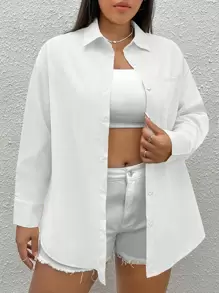 SHEIN EZwear Plus Solid Drop Shoulder Pocket Patched Shirt - White - View 3