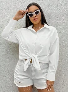 SHEIN EZwear Plus Solid Drop Shoulder Pocket Patched Shirt - White - View 5