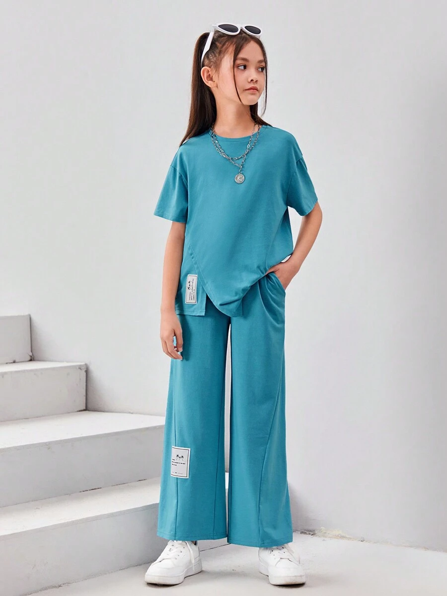 SHEIN Bộ hai mảnh Gái Bất đối xứng Đắp vá Lá thư Giải trí - Màu xanh bạc hà - Xem 1