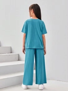 SHEIN Bộ hai mảnh Gái Bất đối xứng Đắp vá Lá thư Giải trí - Màu xanh bạc hà - Xem 2