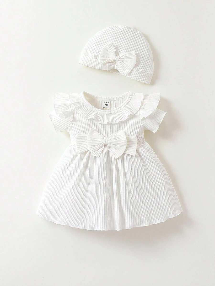 SHEIN Baby Girl Newborn Ruffle Trim Bow Front Dress - White - View 1