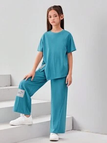 SHEIN Bộ hai mảnh Gái Bất đối xứng Đắp vá Lá thư Giải trí - Màu xanh bạc hà - Xem 4