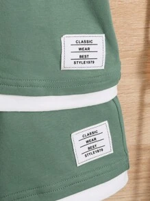 SHEIN 男嬰字母補丁細節拼接邊T恤和短褲 - 綠色 - 查看 4