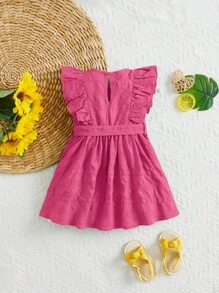 SHEIN Váy trơn màu dễ thương cho bé gái mùa hè có thắt lưng, quần yếm buộc eo nhún bèo cho trẻ sơ sinh - Màu Hồng Tươi - Xem 2