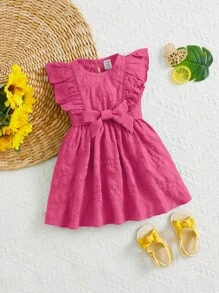 SHEIN Váy trơn màu dễ thương cho bé gái mùa hè có thắt lưng, quần yếm buộc eo nhún bèo cho trẻ sơ sinh - Màu Hồng Tươi - Xem 4