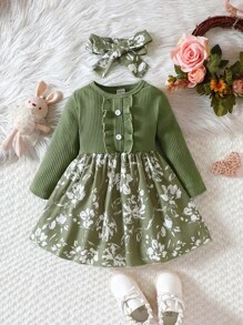 女嬰印花荷葉邊洋裝＆ 頭巾