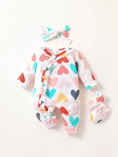 嬰兒女孩心形印花荷葉邊連身褲