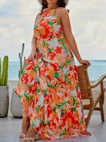 SHEIN VCAY Plus Floral Print Ruffle Hem Halter Dress - Multicolor - View 1