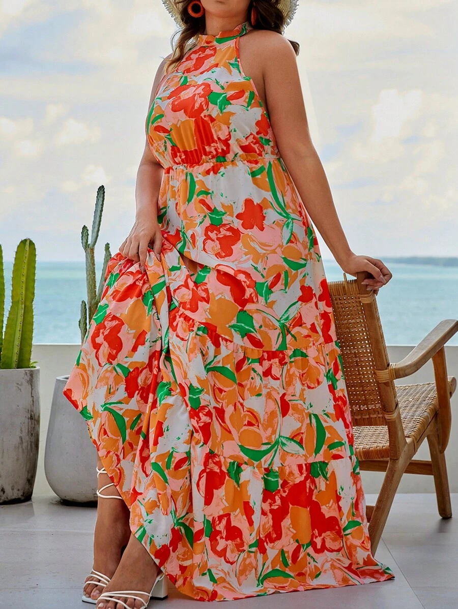 SHEIN VCAY Plus Floral Print Ruffle Hem Halter Dress - Multicolor - View 1