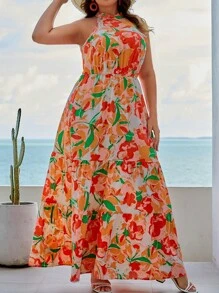 SHEIN VCAY Plus Floral Print Ruffle Hem Halter Dress - Multicolor - View 3