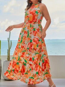 SHEIN VCAY Plus Floral Print Ruffle Hem Halter Dress - Multicolor - View 4