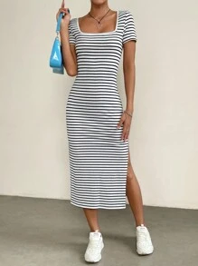 SHEIN EZwear Vestido con estampado de rayas de muslo con abertura - Blanco y Negro - Ver 3