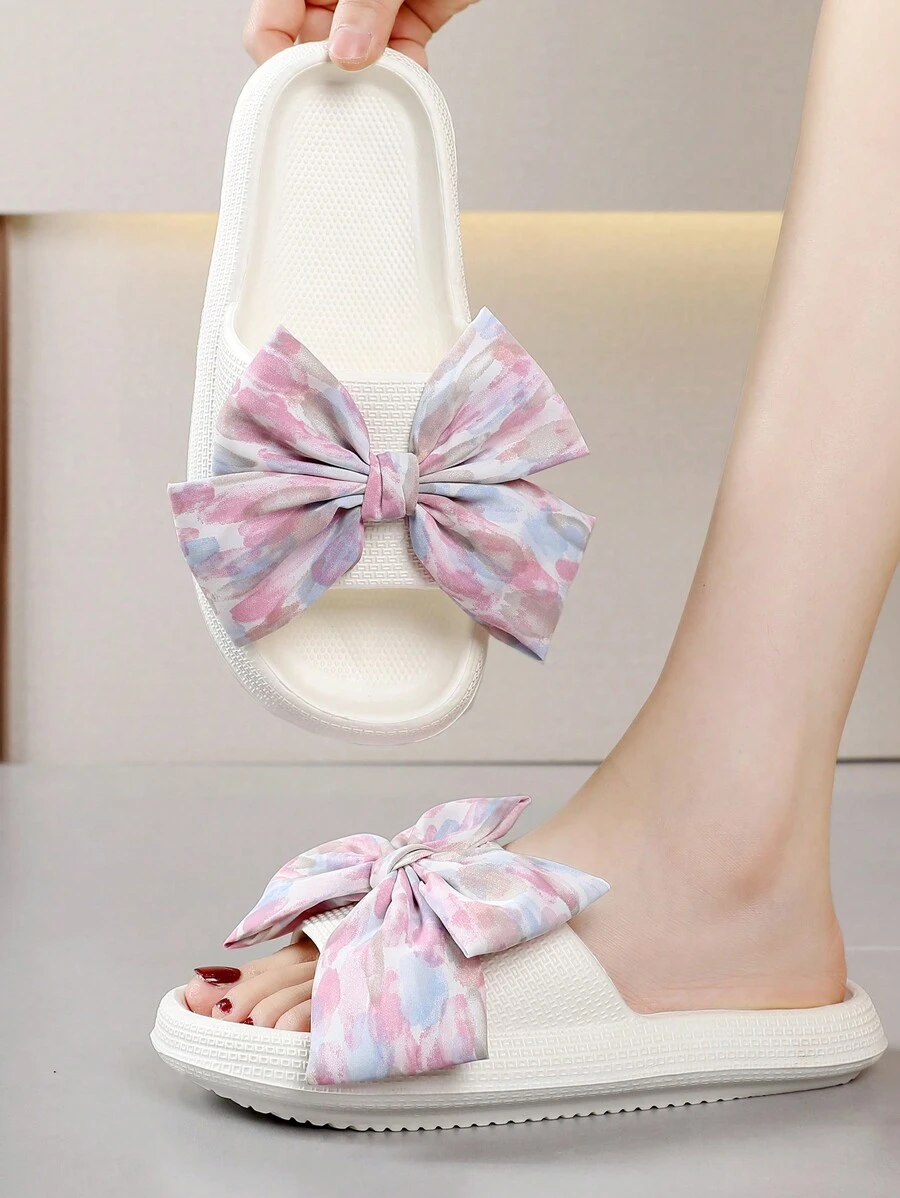 Women Bow Decor Slides, Preppy Summer Plastic Slippers,Beach Outfits - White - View 1