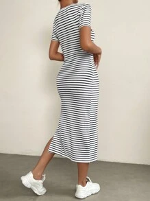 SHEIN EZwear Vestido con estampado de rayas de muslo con abertura - Blanco y Negro - Ver 2