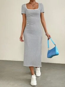 SHEIN EZwear Vestido con estampado de rayas de muslo con abertura - Blanco y Negro - Ver 6