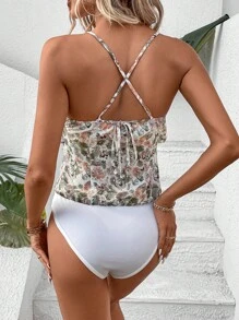 SHEIN VCAY Áo liền quần ôm nữ Xù Buộc lại Hội Chữ thập Hoa Boho - Nhiều màu - Xem 2