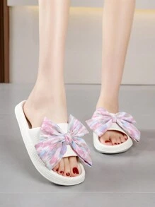 Women Bow Decor Slides, Preppy Summer Plastic Slippers,Beach Outfits - White - View 6