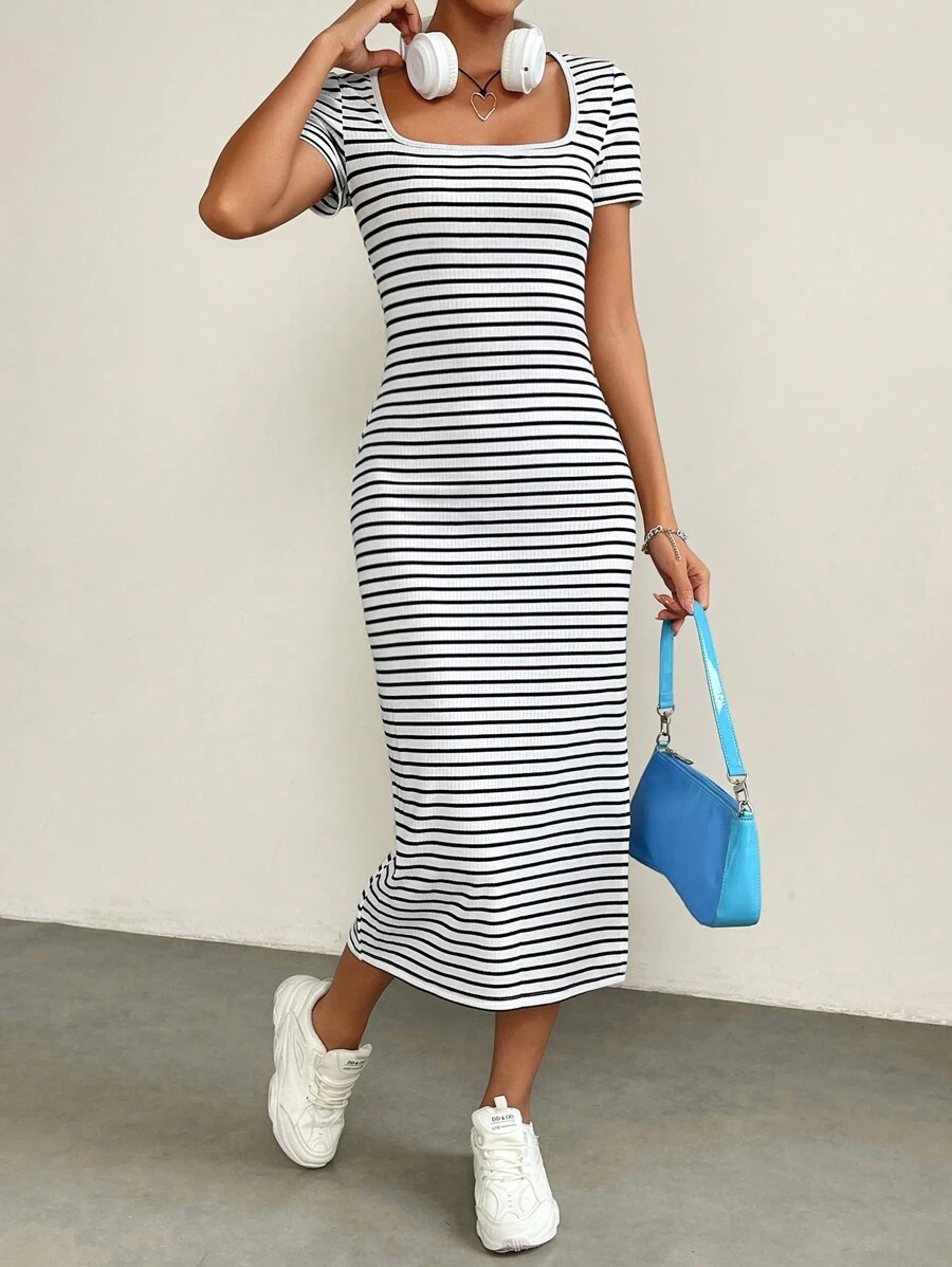 SHEIN EZwear Striped Print Split Thigh Dress - Black and White - View 1