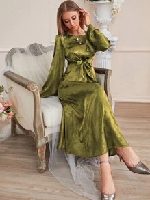 Modelyn Đầm Thắt lưng màu trơn Thanh lịch - xanh quân đội - Xem 1