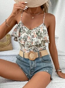 SHEIN VCAY Áo liền quần ôm nữ Xù Buộc lại Hội Chữ thập Hoa Boho - Nhiều màu - Xem 7