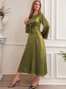 Modelyn Đầm Thắt lưng màu trơn Thanh lịch - xanh quân đội - Xem 3