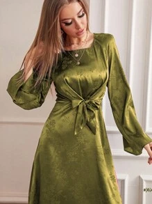 Modelyn Đầm Thắt lưng màu trơn Thanh lịch - xanh quân đội - Xem 4