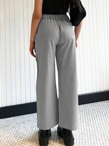 SHEIN EZwear Quần nữ Nút Túi Dây kéo màu trơn Giải trí - Xám - Xem 2