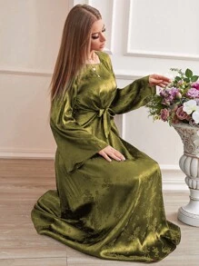 Modelyn Đầm Thắt lưng màu trơn Thanh lịch - xanh quân đội - Xem 8