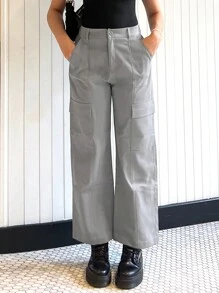 SHEIN EZwear Quần nữ Nút Túi Dây kéo màu trơn Giải trí - Xám - Xem 1