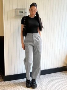 SHEIN EZwear Quần nữ Nút Túi Dây kéo màu trơn Giải trí - Xám - Xem 3