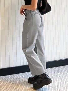 SHEIN EZwear Quần nữ Nút Túi Dây kéo màu trơn Giải trí - Xám - Xem 6