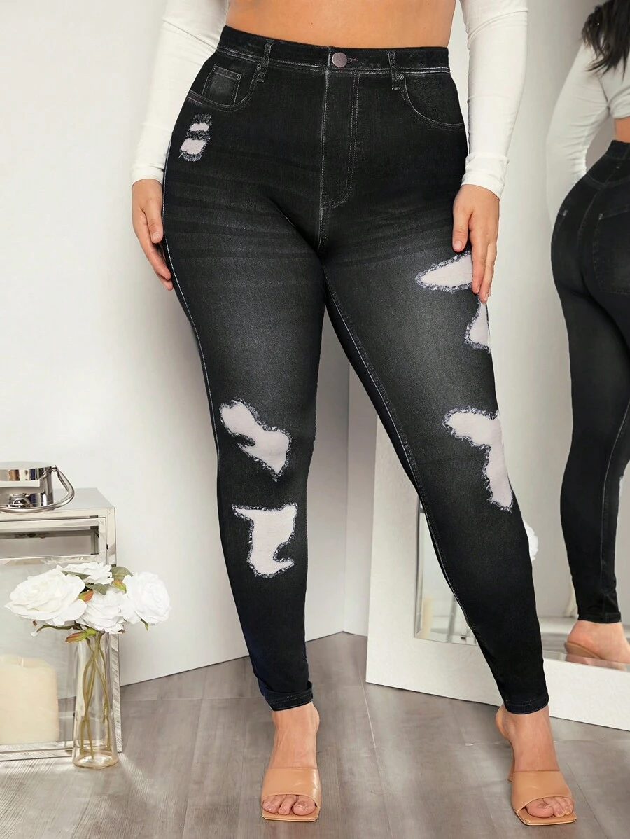 SHEIN Essnce Plus Effect Print Leggings - Black - View 1