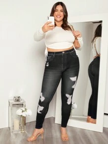 SHEIN Essnce Plus Effect Print Leggings - Black - View 6