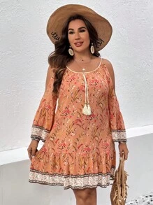 SHEIN Holidaya Plus Floral Print Cold Shoulder Tassel Tie Ruffle Hem Dress - Orange - View 1