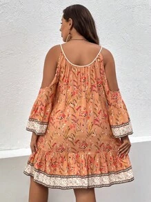 SHEIN Holidaya Plus Floral Print Cold Shoulder Tassel Tie Ruffle Hem Dress - Orange - View 2