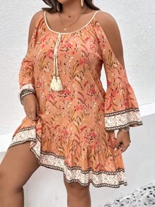 SHEIN Holidaya Plus Floral Print Cold Shoulder Tassel Tie Ruffle Hem Dress - Orange - View 4