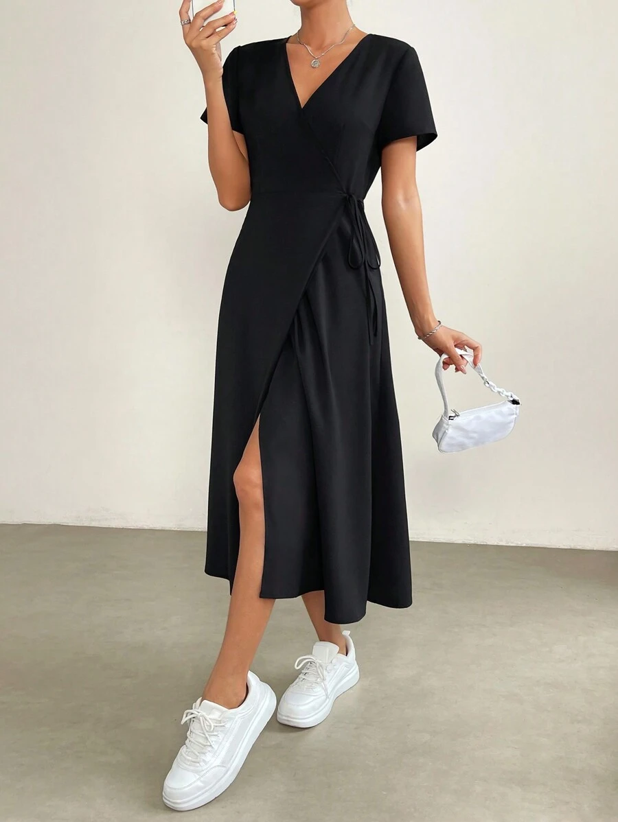SHEIN EZwear Solid Surplice Neck A-line Dress - Black - View 1
