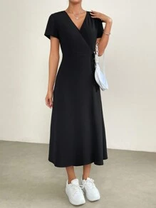 SHEIN EZwear Solid Surplice Neck A-line Dress - Black - View 2