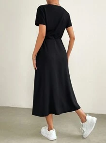 SHEIN EZwear Solid Surplice Neck A-line Dress - Black - View 3