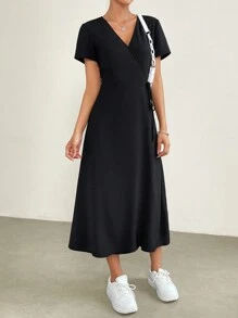 SHEIN EZwear Solid Surplice Neck A-line Dress - Black - View 5